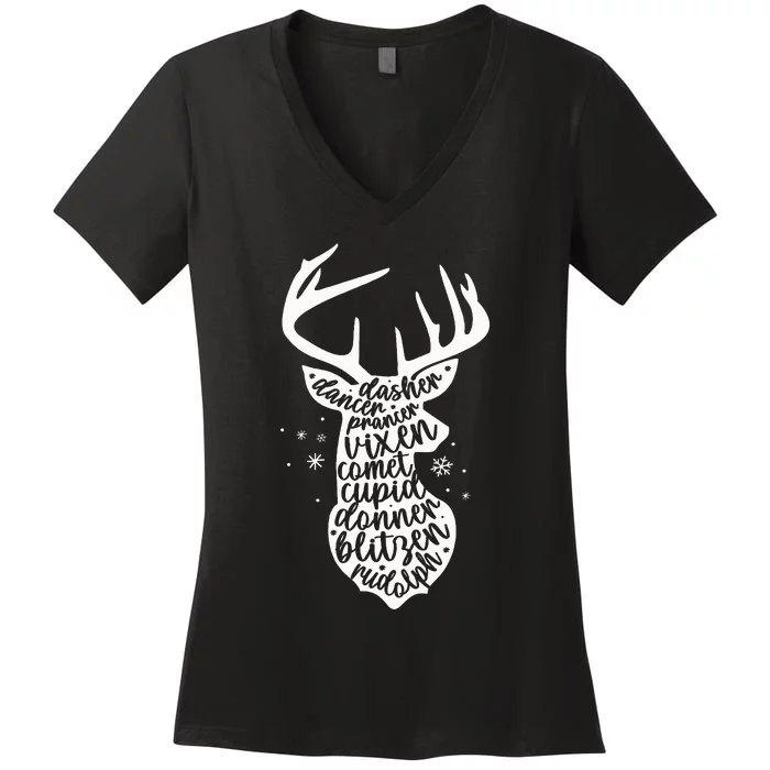 Christmas Reindeer Names Cute Holiday Rudolph Women's V-Neck T-Shirt