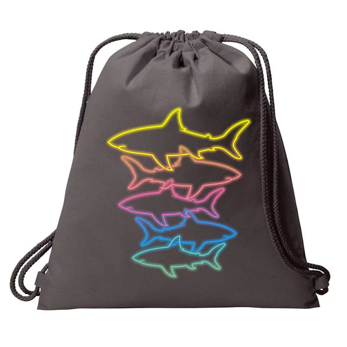 Colorful Retro Neon Sharks Drawstring Bag