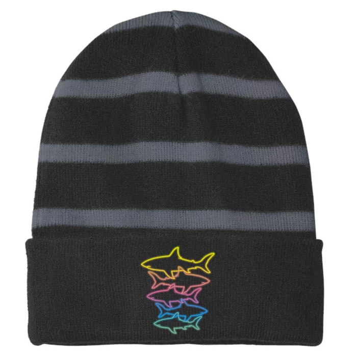 Colorful Retro Neon Sharks Striped Beanie with Solid Band