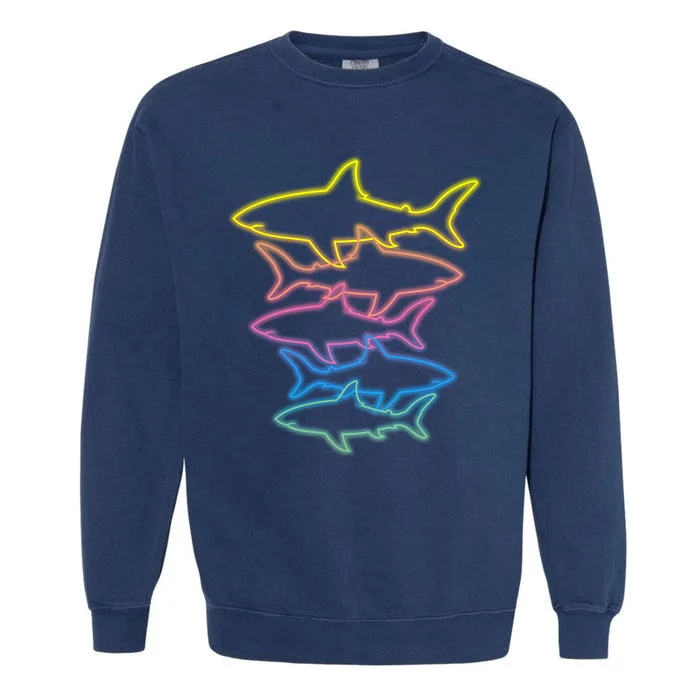 Colorful Retro Neon Sharks Garment-Dyed Sweatshirt