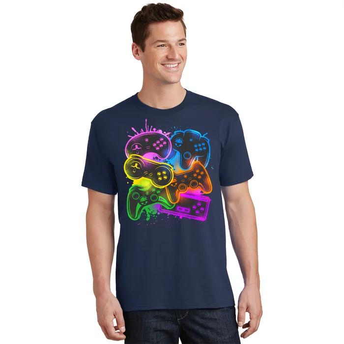 Cool Retro Neon Graffiti Video Game Controllers T-Shirt