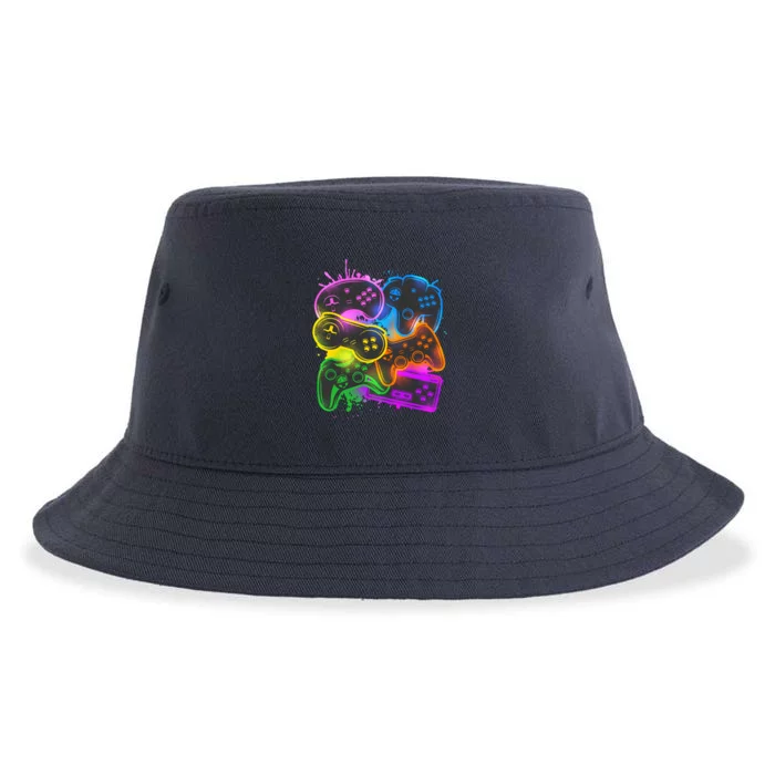 Cool Retro Neon Graffiti Video Game Controllers Sustainable Bucket Hat