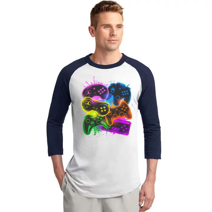 Cool Retro Neon Graffiti Video Game Controllers Baseball Sleeve Shirt