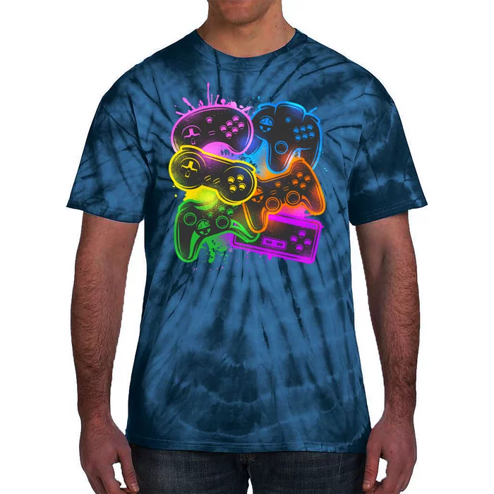 Cool Retro Neon Graffiti Video Game Controllers Tie-Dye T-Shirt