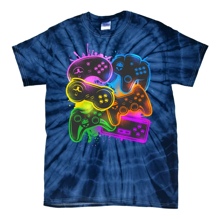 Cool Retro Neon Graffiti Video Game Controllers Tie-Dye T-Shirt