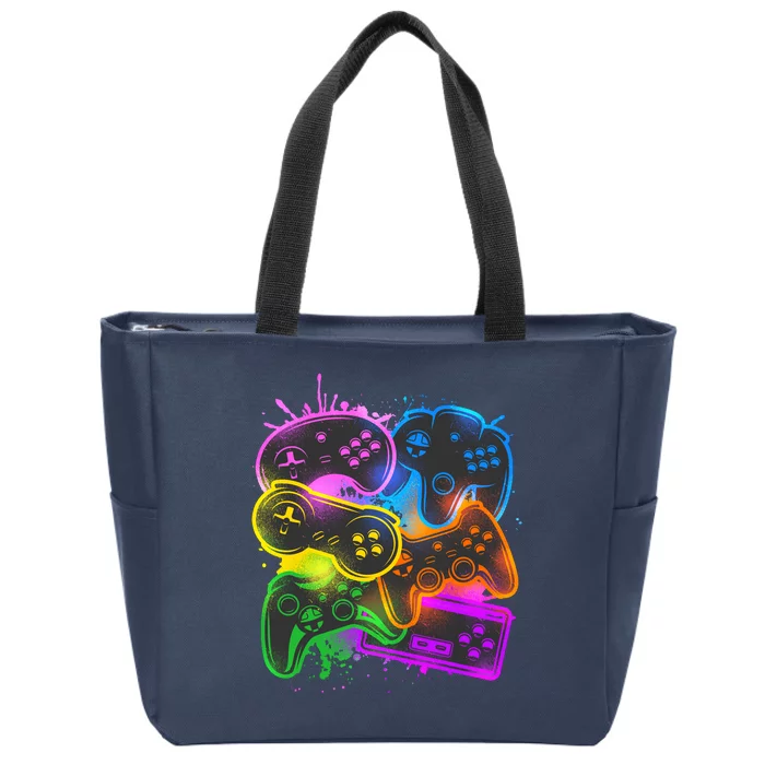 Cool Retro Neon Graffiti Video Game Controllers Zip Tote Bag