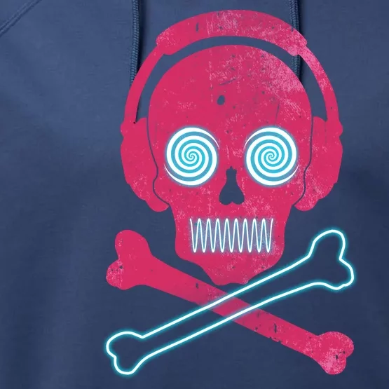 Cool Retro Neon Headphones Skull Music Lover Performance Fleece Hoodie