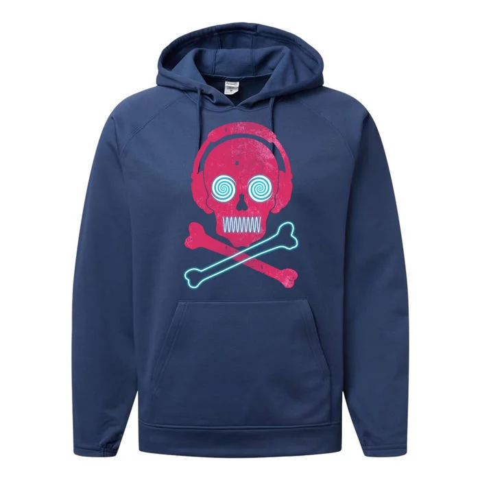 Cool Retro Neon Headphones Skull Music Lover Performance Fleece Hoodie