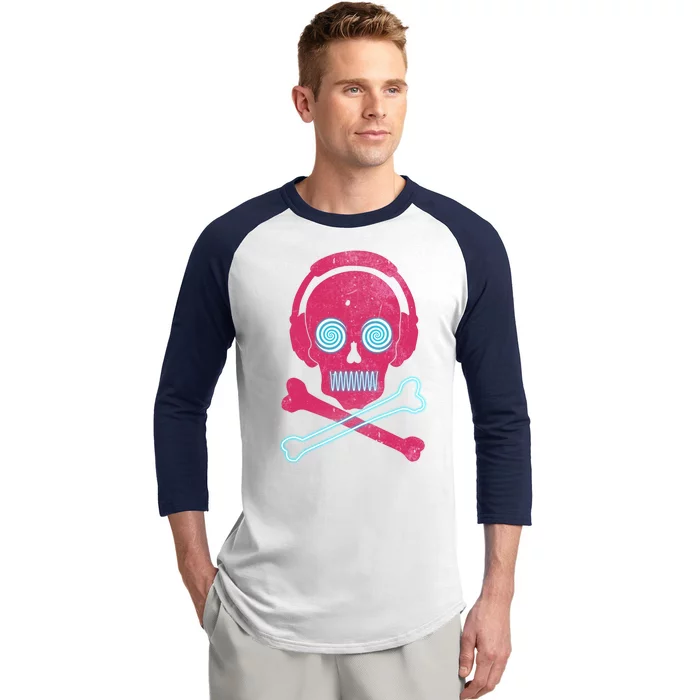 Cool Retro Neon Headphones Skull Music Lover Baseball Sleeve Shirt