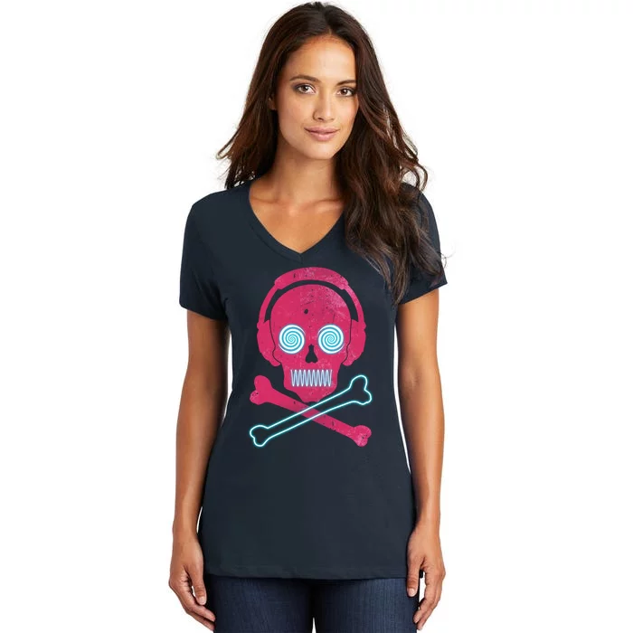 Cool Retro Neon Headphones Skull Music Lover Women's V-Neck T-Shirt