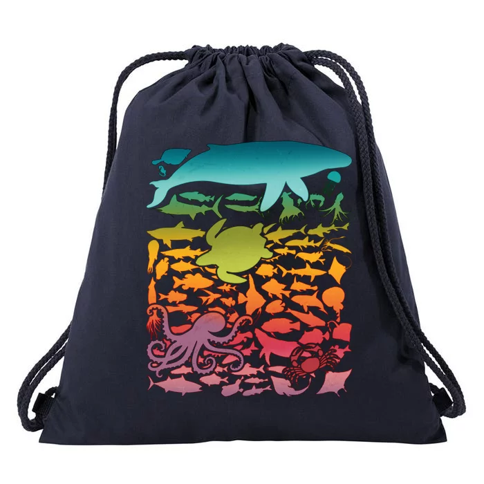 Cool Rainbow Ocean Sea Life Drawstring Bag