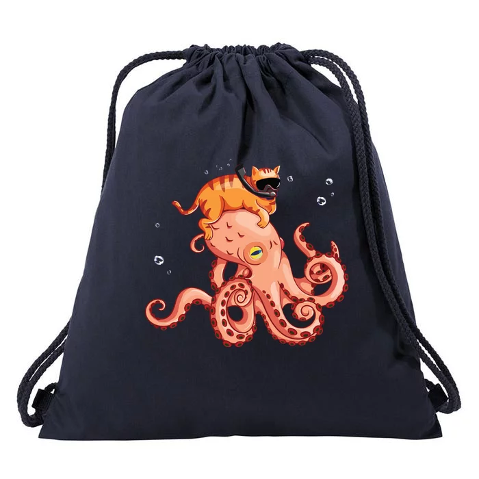 Cat Riding Octopus Funny Drawstring Bag