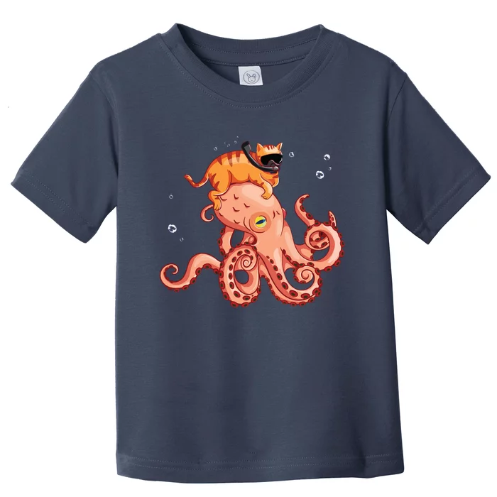 Cat Riding Octopus Funny Toddler T-Shirt