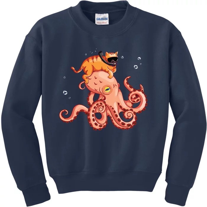 Cat Riding Octopus Funny Kids Sweatshirt