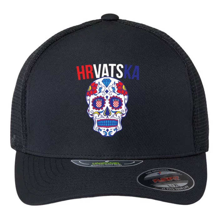 Croatia Hrvatska Soccer Skull Flexfit Unipanel Trucker Cap