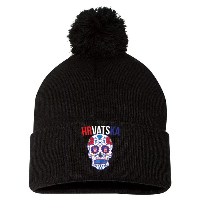 Croatia Hrvatska Soccer Skull Pom Pom 12in Knit Beanie