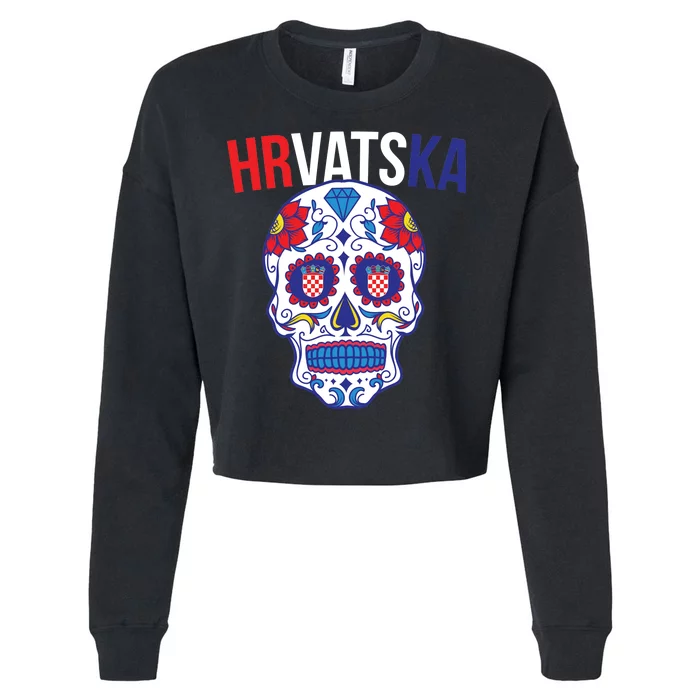 Croatia Hrvatska Soccer Skull Cropped Pullover Crew