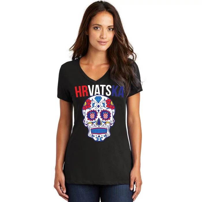 Croatia Hrvatska Soccer Skull Women's V-Neck T-Shirt