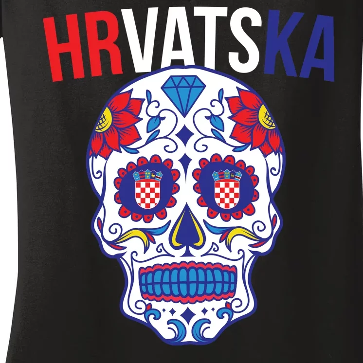 Croatia Hrvatska Soccer Skull Women's V-Neck T-Shirt