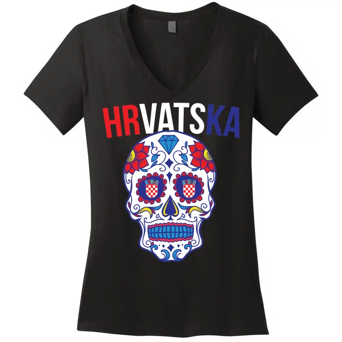 Croatia Hrvatska Soccer Skull Women's V-Neck T-Shirt