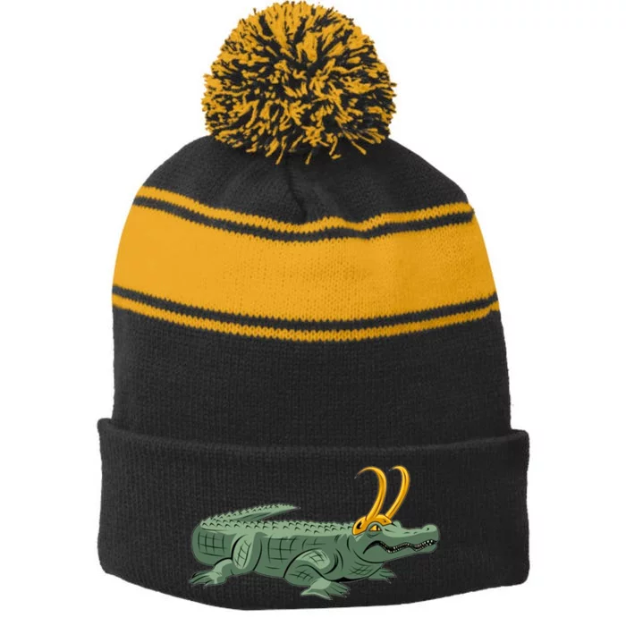 Croki Crocodile Alligator Golden Horns Stripe Pom Pom Beanie