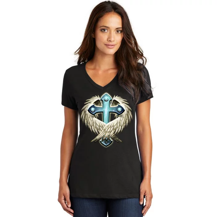 Cross With Wings Women's V-Neck T-Shirt