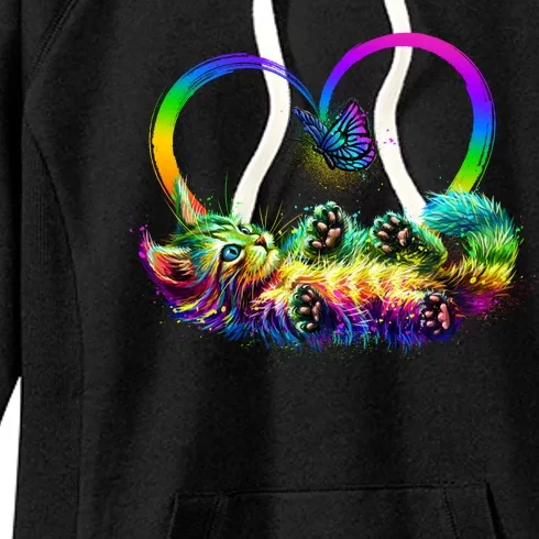 Cute Rainbow Paint Kitten Butterfly Heart Women's Fleece Hoodie