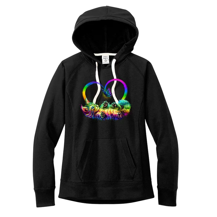 Cute Rainbow Paint Kitten Butterfly Heart Women's Fleece Hoodie