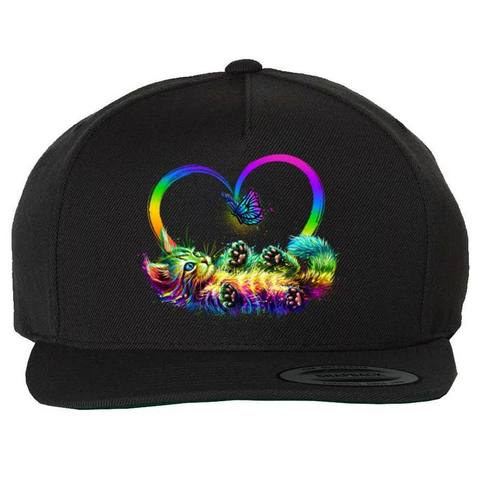 Cute Rainbow Paint Kitten Butterfly Heart Wool Snapback Cap