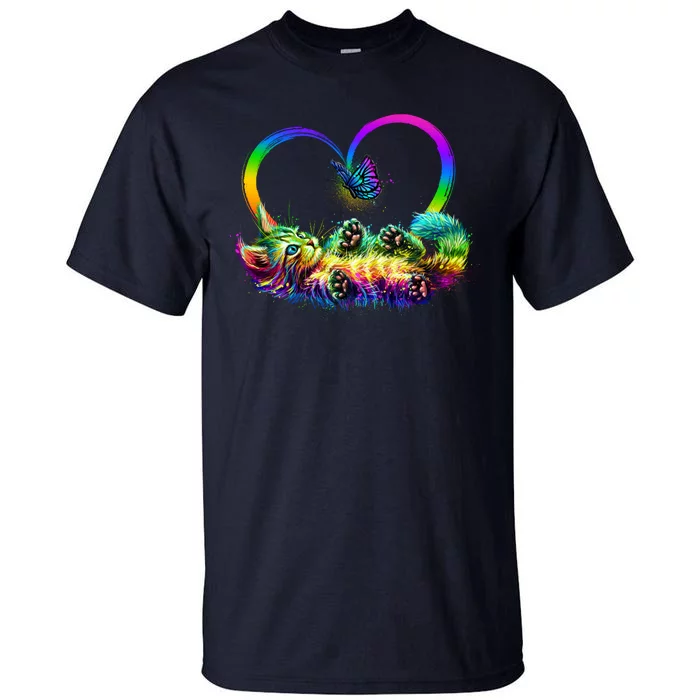 Cute Rainbow Paint Kitten Butterfly Heart Tall T-Shirt