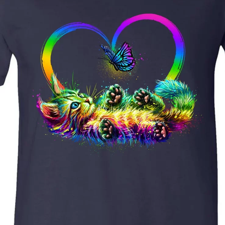 Cute Rainbow Paint Kitten Butterfly Heart V-Neck T-Shirt