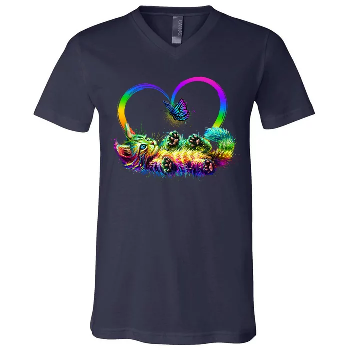 Cute Rainbow Paint Kitten Butterfly Heart V-Neck T-Shirt