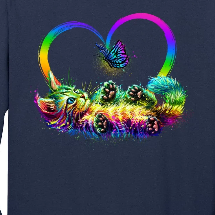 Cute Rainbow Paint Kitten Butterfly Heart Tall Long Sleeve T-Shirt