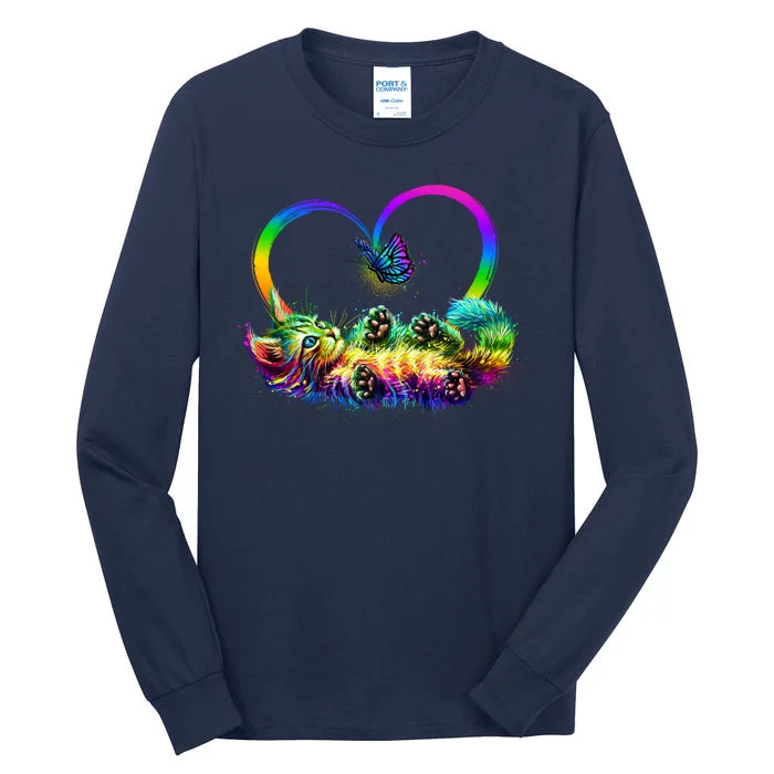 Cute Rainbow Paint Kitten Butterfly Heart Tall Long Sleeve T-Shirt