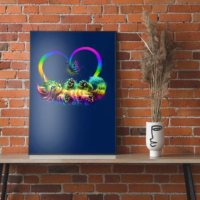 Cute Rainbow Paint Kitten Butterfly Heart Poster