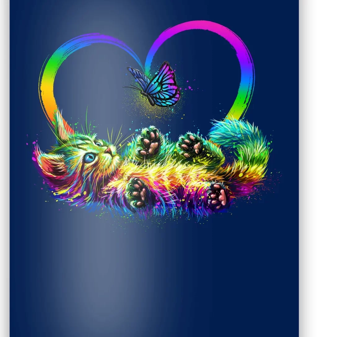 Cute Rainbow Paint Kitten Butterfly Heart Poster