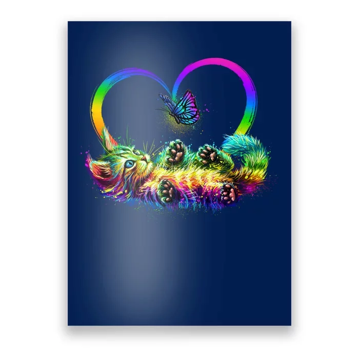 Cute Rainbow Paint Kitten Butterfly Heart Poster