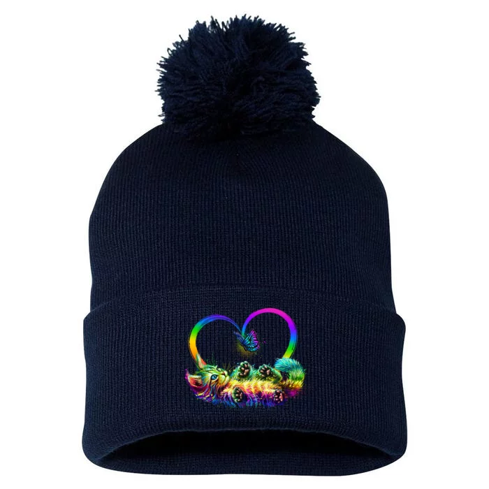 Cute Rainbow Paint Kitten Butterfly Heart Pom Pom 12in Knit Beanie