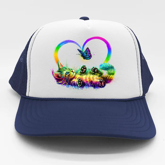 Cute Rainbow Paint Kitten Butterfly Heart Trucker Hat