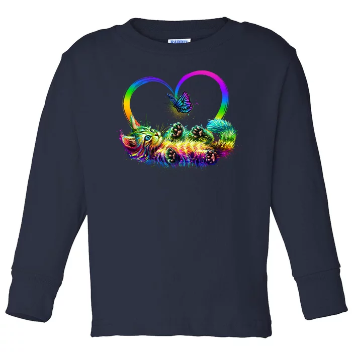 Cute Rainbow Paint Kitten Butterfly Heart Toddler Long Sleeve Shirt