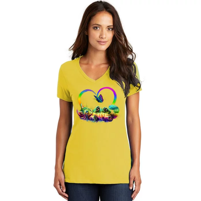 Cute Rainbow Paint Kitten Butterfly Heart Women's V-Neck T-Shirt