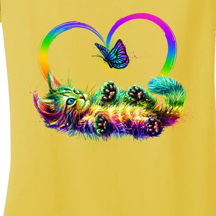 Cute Rainbow Paint Kitten Butterfly Heart Women's V-Neck T-Shirt