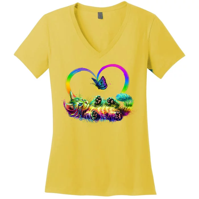 Cute Rainbow Paint Kitten Butterfly Heart Women's V-Neck T-Shirt