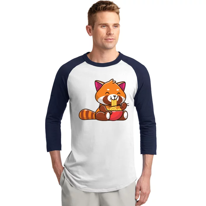 Cute Red Panda Eating Noodle Cartoon Baseball Sleeve Shirt