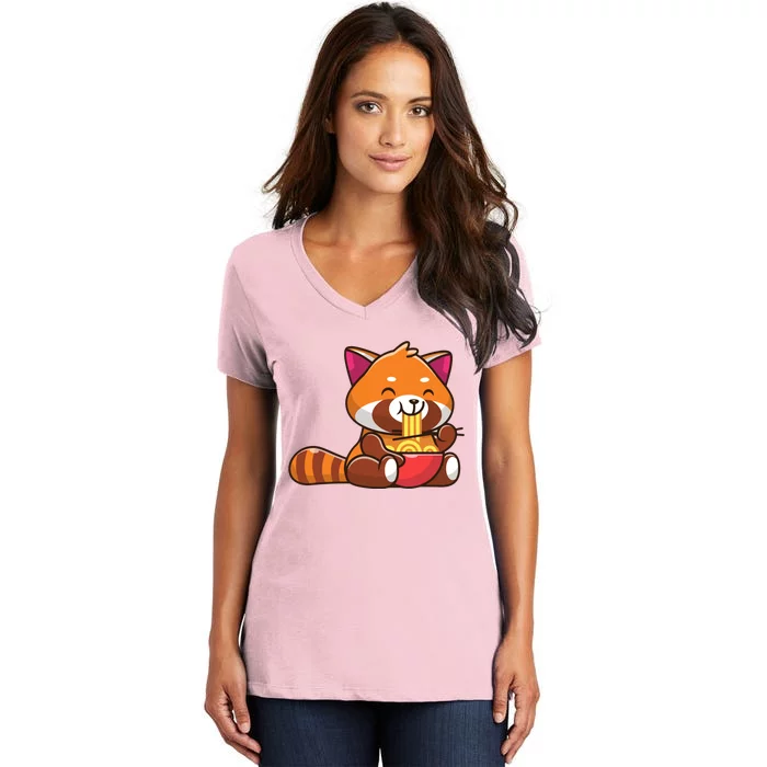 Cute Red Panda Eating Noodle Cartoon Women's V-Neck T-Shirt