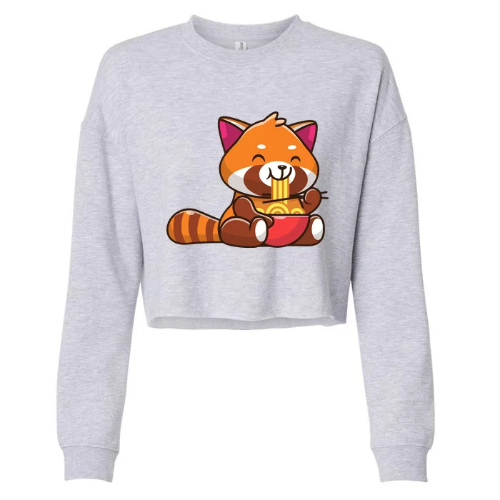 Cute Red Panda Eating Noodle Cartoon Cropped Pullover Crew