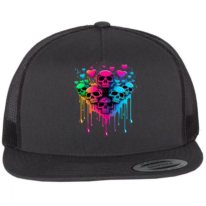 Cute Rock Punk Skull and Hearts funny colors Flat Bill Trucker Hat