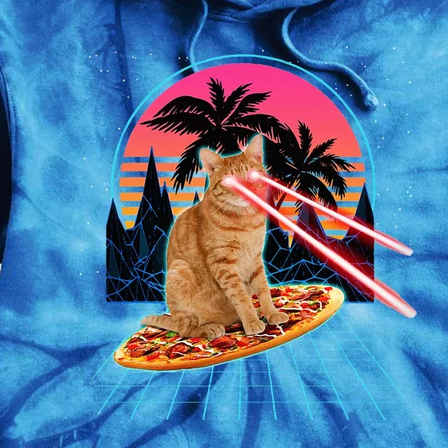 Cat Riding Pizza Laser Eyes 80s Cat In Space Cats Lovers Tie Dye Hoodie