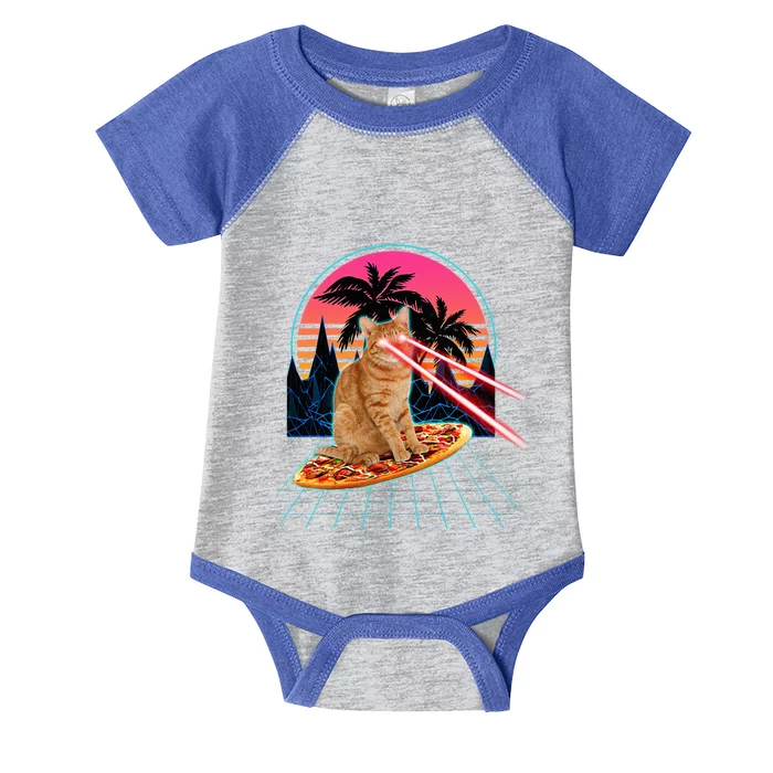 Cat Riding Pizza Laser Eyes 80s Cat In Space Cats Lovers Infant Baby Jersey Bodysuit