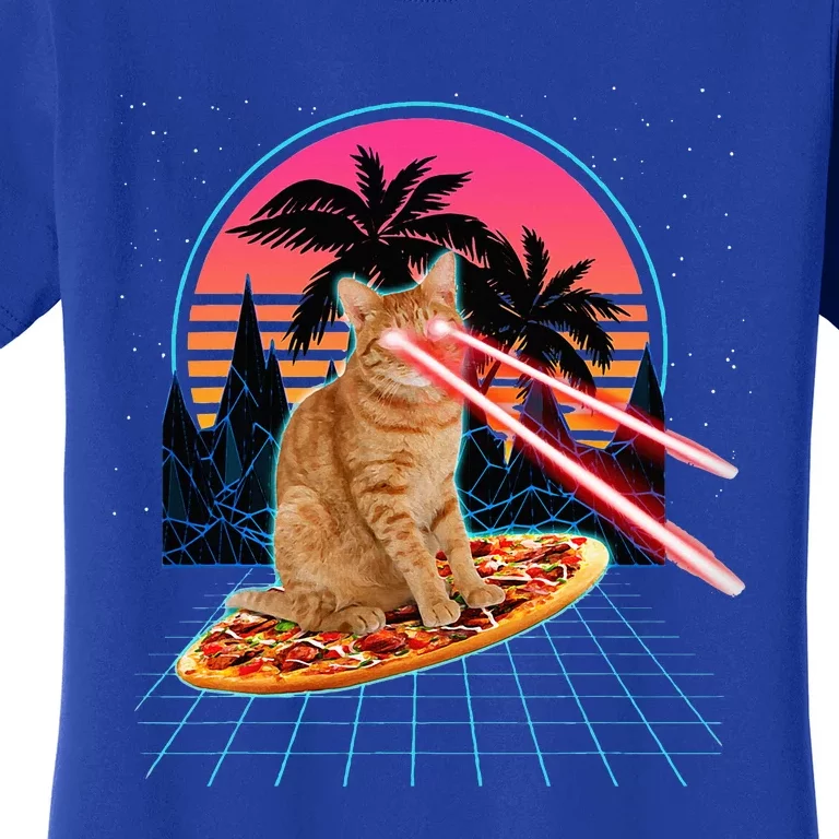 Cat Riding Pizza Laser Eyes 80s Cat In Space Cats Lovers Women's T-Shirt